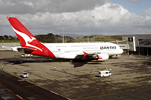 A380 on the new international terminal pier.